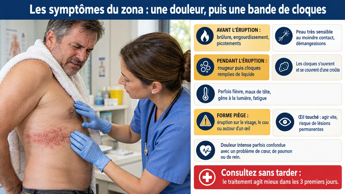  Douleur d'un côté puis bande de cloques, parfois formes pièges (douleur sans éruption, visage, œil) : reconnaître le zona et consulter dans les 3 jours, car il est contagieux surtout par le liquide des cloques.
